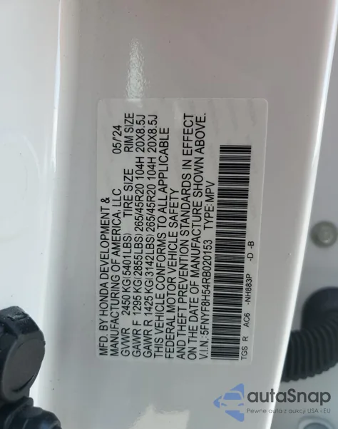 2024 Honda Passport Exl из США, поврежденный, VIN 5FNYF8H54RB020153